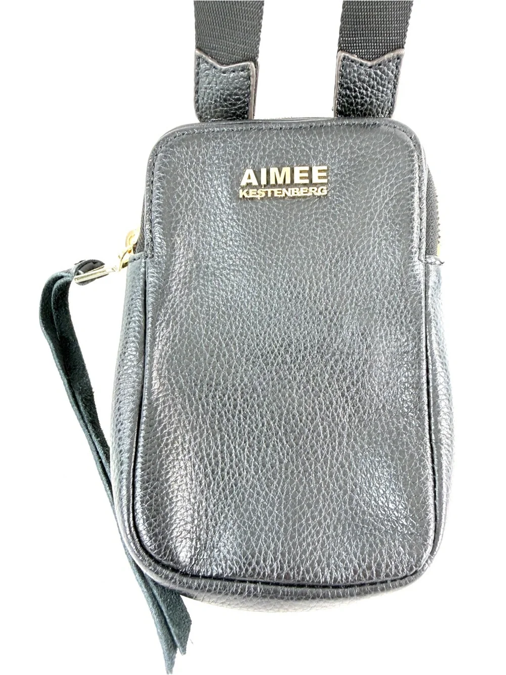 Aimee Kestenberg Black Pebbled Leather Mini Crossbody Bag Brass Zip Around